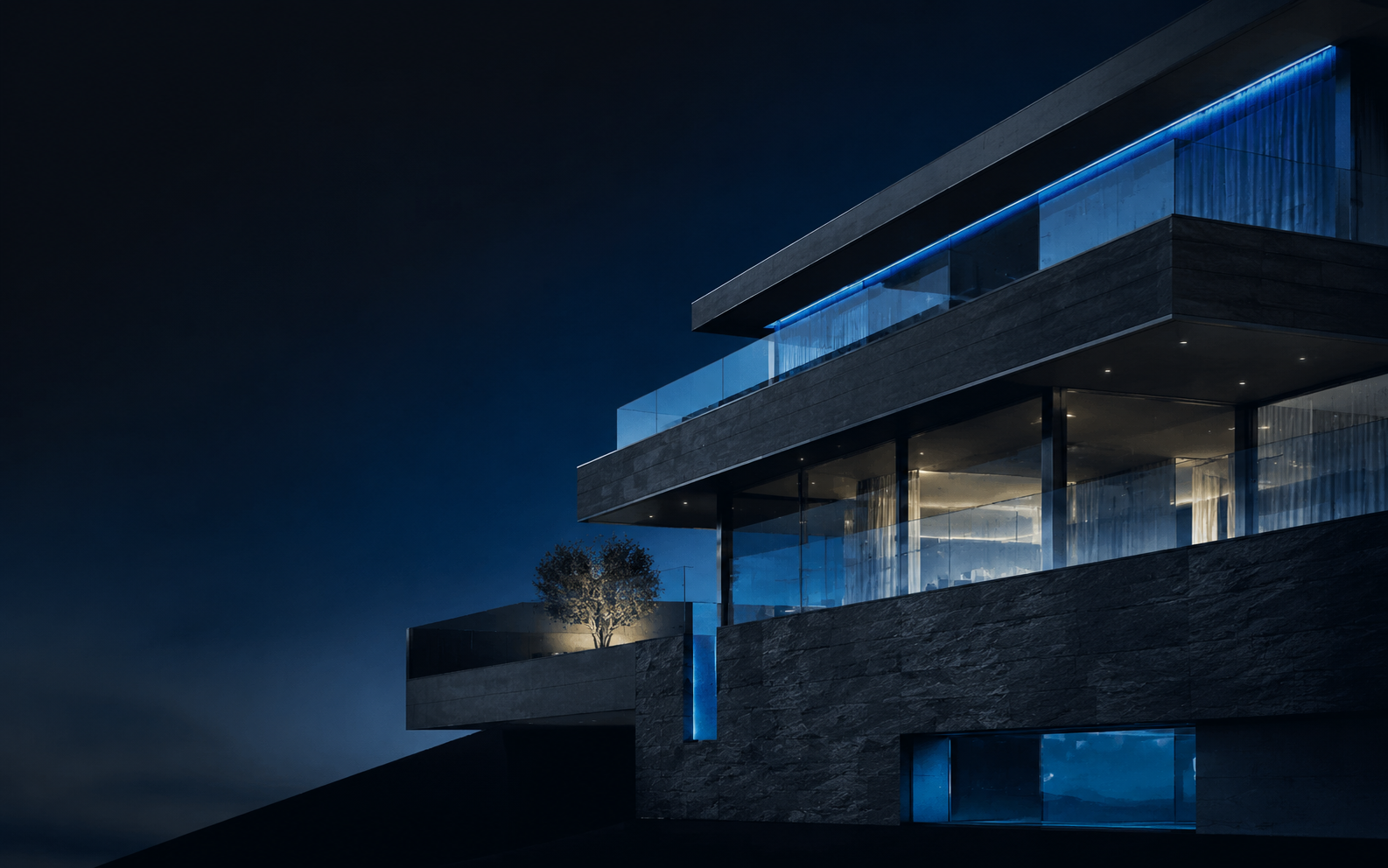 Arquitetura residencial contemporânea iluminada em azul ao anoitecer